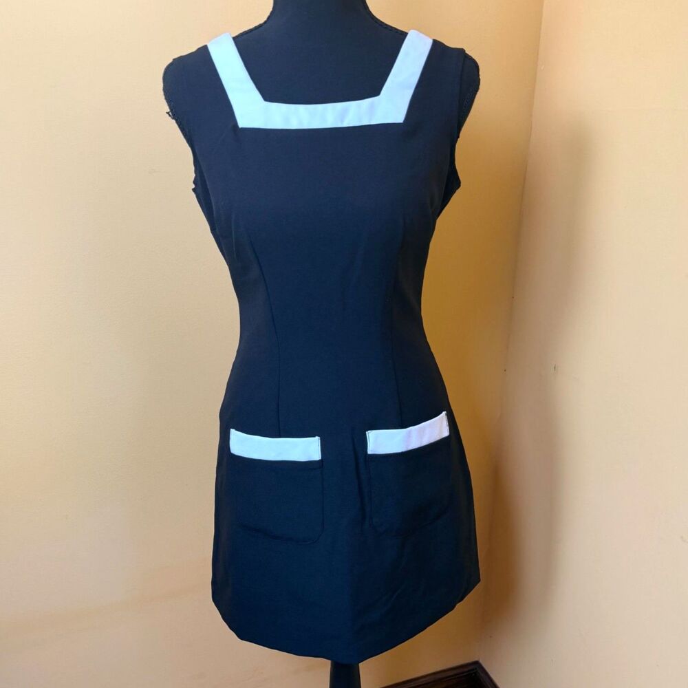 Vtg 90s All That Jazz Mod Shift Dress Black White Colorblock Square Neck 4 Retro